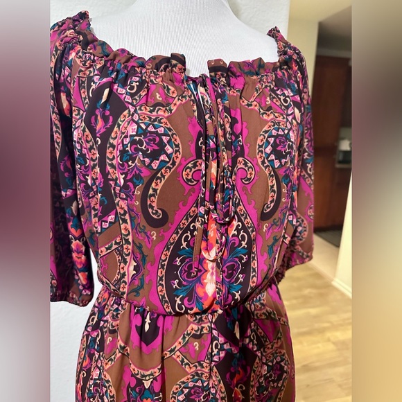 Everly Multicolor Off Shoulder Elastic Waist Bohemian Mid length Dress Size S - Picture 2 of 7